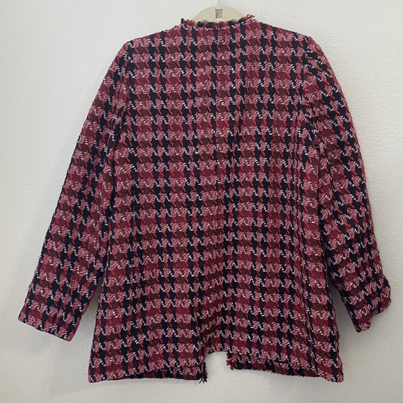 Chico's Blazer Jacket Womens Size 2 Large Tweed Red Black Open Front - Picture 2 of 7